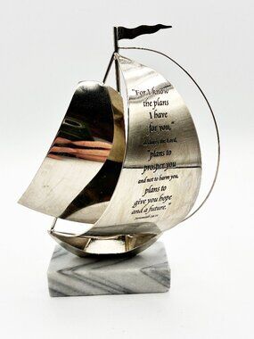 Metal Sailboat Sculpture Bible Verse Jeremiah 29:11 Stainless Steel Marble Base